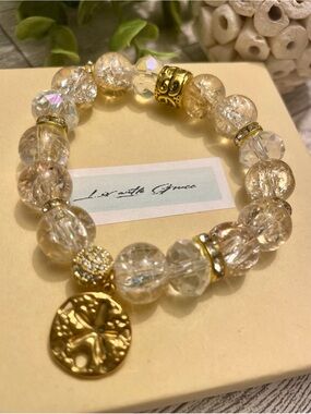 Crystal and Gold Starfish Sand dollar Charmed Bracelet 12mm Gold, Coastal